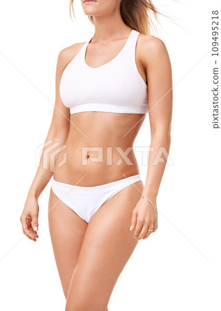 Health, fitness and body of woman in underwear for wellness, skincare and diet in studio. Confidence, stomach and isolated person in lingerie for cosmetics, lose weight and beauty on white background 109495218