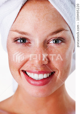 Woman, portrait and shower for routine, head towel and cleaning hygiene with beauty. Skincare, wellness and dermatology with face, female model and white background for grooming and cosmetics Woman, portrait and shower for routine, head towel and cleaning hygiene with beauty. Skincare, wellness and dermatology with face, female model and white background for grooming and cosmetics 109495220