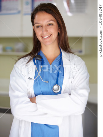 Happy woman, portrait and veterinarian professional doctor at clinic for animal care, shelter or healthcare service. Female person, nurse or pet surgeon smile with arms crossed in confidence at vet Happy woman, portrait and veterinarian professional doctor at clinic for animal care, shelter or healthcare service. Female person, nurse or pet surgeon smile with arms crossed in confidence at vet 109495247