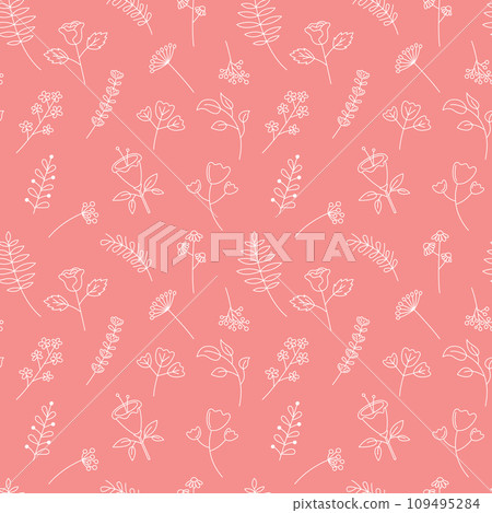 Cute flowers pattern vector seamless background. Hand drawn floral elements. Decorative plants and leaves repeat illustration 109495284