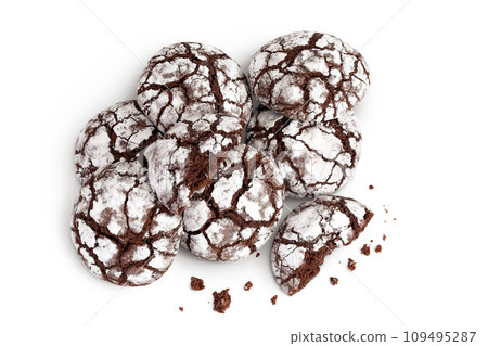 Chocolate brownie cookie isolated on white background. Top view. Flat lay 109495287