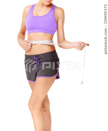 Measuring tape, stomach and woman in studio for wellness, weight loss and  tummy tuck on grey backgr Stock Photo by YuriArcursPeopleimages