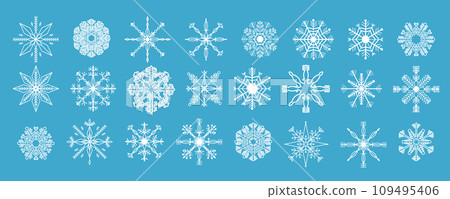 Set white snowflake crystal elegant line christmas decoration on blue background, collection winter ornament frozen element. 109495406