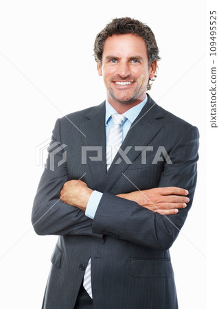 Portrait, mature business man and arms crossed in studio for corporate consulting, executive work and professional broker on white background. Happy manager, financial advisor or entrepreneur in suit 109495525