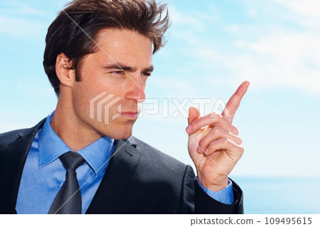 Face, pointing and a business man on a blue sky background planning with a vision for the future. Thinking, idea or inspiration and a confident young employee in a suit with a mindset for growth Face, pointing and a business man on a blue sky background planning with a vision for the future. Thinking, idea or inspiration and a confident young employee in a suit with a mindset for growth 109495615