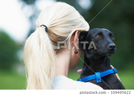 Woman, dog and animal love at field park or together bonding, training on backyard grass. Female person, pet and hug puppy as owner or health exercise or relax in garden, care trust or friendship 109495622