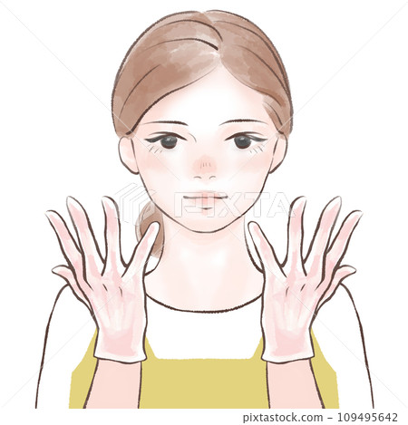 Woman wearing vinyl gloves/yellow apron 109495642