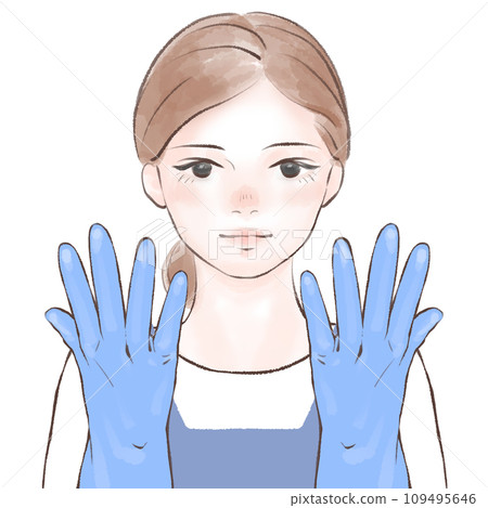 穿著圍裙、戴著藍色橡膠手套的女人 109495646
