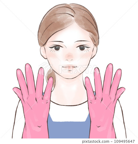 穿著圍裙、戴著粉紅色橡膠手套的女人 109495647