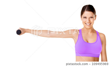 Dumbbell, workout and portrait of woman in exercise for fitness, health or wellness in white background. Studio, mockup space or girl weightlifting for strong bodybuilding, challenge or training arms 109495969