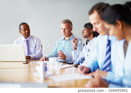 Teamwork, business people and meeting with a laptop, brainstorming and cooperation with ideas, planning and project. Group, manager and employees with a pc, support and solidarity with diversity 109495991