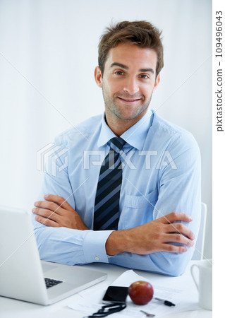Businessman, confidence and smile in portrait, laptop and internet for connection, networking and email. Male person, strategy and pride in career, happy and technology for online research or face Businessman, confidence and smile in portrait, laptop and internet for connection, networking and email. Male person, strategy and pride in career, happy and technology for online research or face 109496043