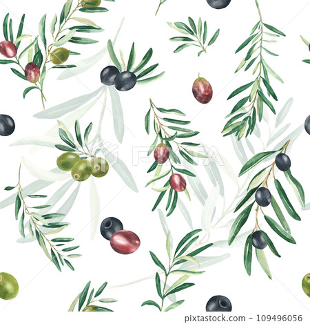 Watercolor seamless pattern with branches of green, black and red olives on a white background. Can be used for textile, wallpaper prints, kitchen, food and cosmetic design. Watercolor seamless pattern with branches of green, black and red olives on a white background. Can be used for textile, wallpaper prints, kitchen, food and cosmetic design. 109496056
