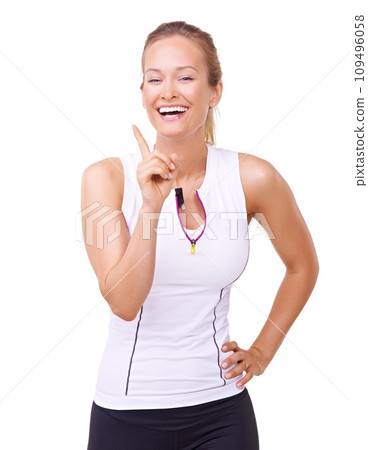 Portrait, woman and hand gesture for fitness, studio and positive advice for exercise wellness in mockup. Person, face and happy with emoji for healthy body, gym lesson and relax by white background Portrait, woman and hand gesture for fitness, studio and positive advice for exercise wellness in mockup. Person, face and happy with emoji for healthy body, gym lesson and relax by white background 109496058