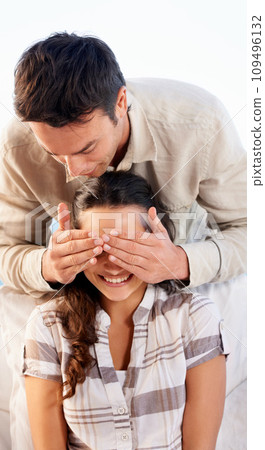 Couple, romantic and husband covering eyes for surprise, smile and happy for love, wife and bonding together. Outdoor, secret and news for marriage, relationship and announcement with excitement Couple, romantic and husband covering eyes for surprise, smile and happy for love, wife and bonding together. Outdoor, secret and news for marriage, relationship and announcement with excitement 109496132
