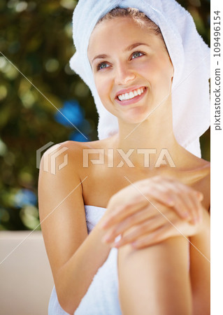Smile, body care and woman with towel for epilation, hair removal or shaving treatment for hygiene. Beauty, happy and happy young female person from Canada with wax or depilation routine for health. 109496154