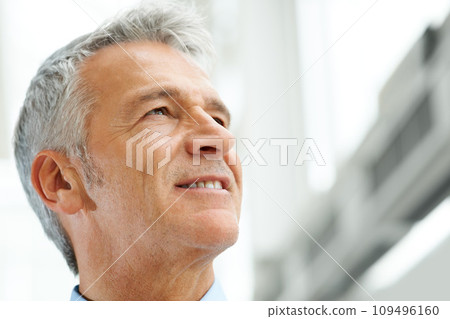 Businessman, thinking and confident or business smile for future corporate, company or growth idea. Male person, mature manager and thoughts of office vision for professional, planning for project 109496160