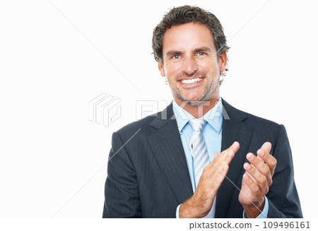 Business man, portrait and applause in studio for success, praise or congratulations to winner on white background. Happy mature entrepreneur clapping hands to celebrate winning award at mockup space 109496161