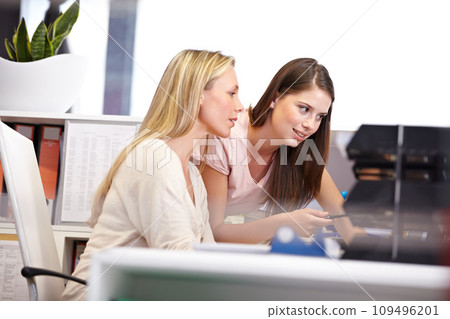 Training, support and business women in office for research, reading or planning, help or discussion. Corporate, coaching and woman mentor with colleague for teaching, learning or project coworking 109496201