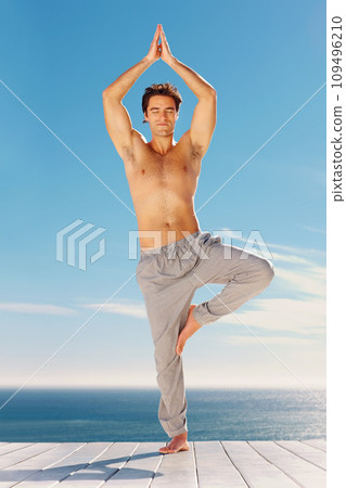 Outdoor, yoga and meditation with man, fitness and breathing with health, wellness and relax. Person, yogi or guy with ocean, tree pose or freedom with energy, peace or exercise with workout or water Outdoor, yoga and meditation with man, fitness and breathing with health, wellness and relax. Person, yogi or guy with ocean, tree pose or freedom with energy, peace or exercise with workout or water 109496210