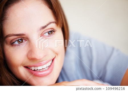 Woman, thinking and relax closeup for happy weekend rest, lazy holiday nap or calm peace. Female person, smile and thoughts for wellness cozy or comfort idea on vacation, morning break in apartment Woman, thinking and relax closeup for happy weekend rest, lazy holiday nap or calm peace. Female person, smile and thoughts for wellness cozy or comfort idea on vacation, morning break in apartment 109496216