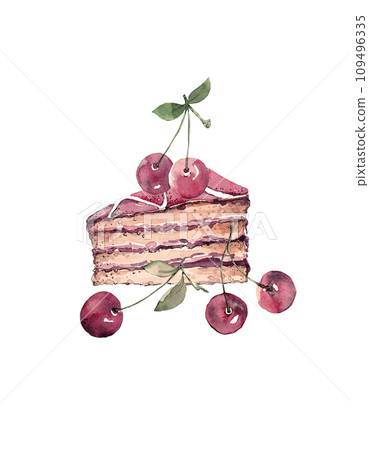 Piece of cake with cherries. Layered cake. Isolated mixed illustration Piece of cake with cherries. Layered cake. Isolated mixed illustration 109496335