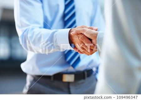 Business people, shaking hands and Human Resources meeting, job interview or welcome for career introduction. Professional manager, employer or clients with handshake for recruitment and hiring deal 109496347