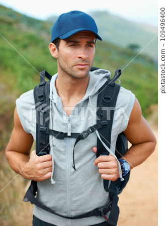 Man, hiking and fitness or exercise for health, adventure and trekking in nature, outdoor and travel. Male person, journey and freedom or active, cardio and workout on vacation or holiday in Mexico Man, hiking and fitness or exercise for health, adventure and trekking in nature, outdoor and travel. Male person, journey and freedom or active, cardio and workout on vacation or holiday in Mexico 109496400