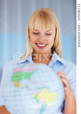 Woman, earth and globe thinking for business professional growth, mindset thoughts or corporate company vision. Female person, smile and world map travel for startup goal for career, job for planning Woman, earth and globe thinking for business professional growth, mindset thoughts or corporate company vision. Female person, smile and world map travel for startup goal for career, job for planning 109496511