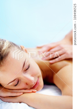 Spa, massage and relax with woman, luxury resort and health with body care, treatment and holiday. Person, masseuse and girl on a weekend break, calm and wellness with peace, stress relief and zen Spa, massage and relax with woman, luxury resort and health with body care, treatment and holiday. Person, masseuse and girl on a weekend break, calm and wellness with peace, stress relief and zen 109496525