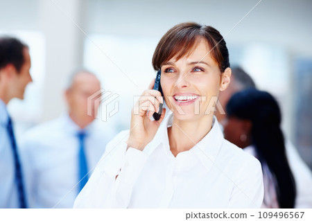 Happy woman, phone call and business discussion for communication or networking at office. Female person or employee smile and talking on mobile smartphone for conversation or proposal at workplace 109496567