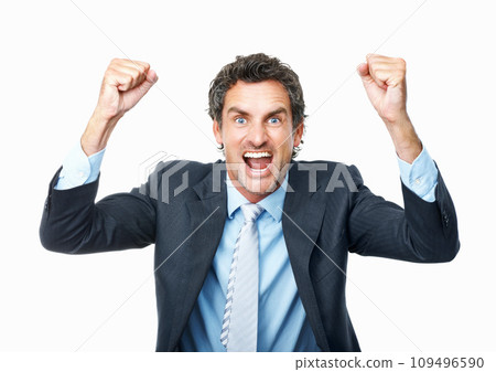 Excited business man, portrait or fist for success, celebrate deal or winning promotion in studio on white background. Happy mature entrepreneur, giveaway prize winner or reward for bonus achievement 109496590