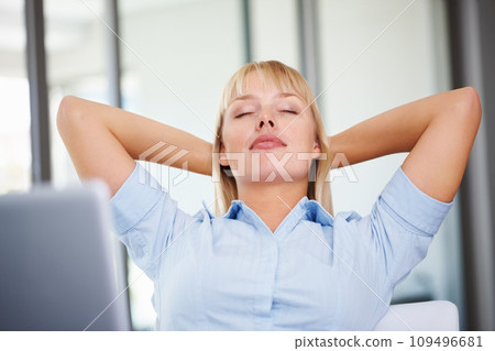 Businesswoman, relax and work desk on break for company career burnout, networking rest at laptop. Female person, internet web and email professional or admin in office, tired in corporate 109496681