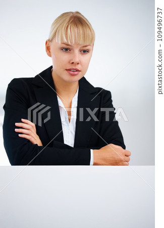 Management, vision and thinking with a corporate woman on the balcony inside an office for planning. Business, idea and a confident young manager in the workplace for professional company growth 109496737