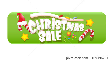 cartoon christmas sale horizontal banner with lighting stars, candies, lollipops, snow, santa red hat and christmas lights isolated on green background. Cartoon kids style sale label sticker button 109496761