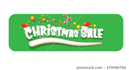 cartoon christmas sale horizontal banner with lighting stars, candies, lollipops, snow, santa red hat and christmas lights isolated on green background. Cartoon kids style sale label sticker button 109496768