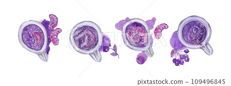 A set of mugs with fruit and berry drinks. Isolated watercolor illustrations A set of mugs with fruit and berry drinks. Isolated watercolor illustrations 109496845