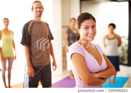 Portrait, smile and confidence, woman in yoga class for fitness, commitment and body wellness. Pilates, men and women in gym together in holistic health, mindfulness and happy person at exercise club Portrait, smile and confidence, woman in yoga class for fitness, commitment and body wellness. Pilates, men and women in gym together in holistic health, mindfulness and happy person at exercise club 109496881