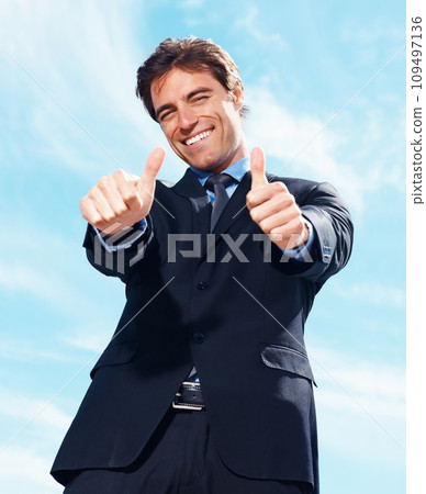Business man, thumbs up and happy for success, support or like emoji, portrait and blue sky background in real estate. Excited realtor, corporate businessman or agent with good job, okay or yes hand Business man, thumbs up and happy for success, support or like emoji, portrait and blue sky background in real estate. Excited realtor, corporate businessman or agent with good job, okay or yes hand 109497136
