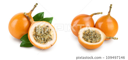 Granadilla or yellow passion fruit with leaf isolated on white background Granadilla or yellow passion fruit with leaf isolated on white background 109497146