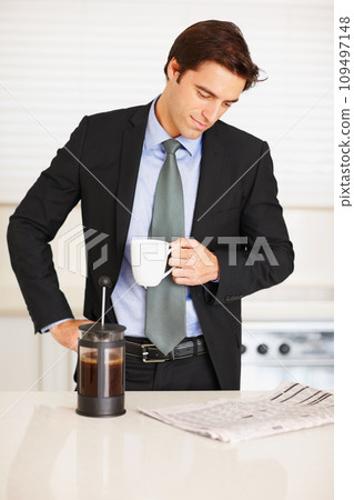 Business man, reading newspaper and coffee in kitchen with thinking, ideas or check stats on global market. Trader, investor and morning paper for announcement, stock and decision for financial job Business man, reading newspaper and coffee in kitchen with thinking, ideas or check stats on global market. Trader, investor and morning paper for announcement, stock and decision for financial job 109497148