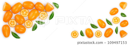 Cumquat or kumquat with half isolated on white background with copy space for your text. Top view. Flat lay Cumquat or kumquat with half isolated on white background with copy space for your text. Top view. Flat lay 109497153