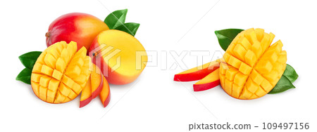 Mango fruit half with leaves and slices isolated on white background close-up Mango fruit half with leaves and slices isolated on white background close-up 109497156