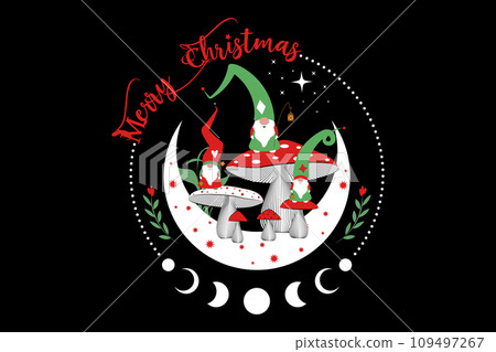Magic Gnomes in the mystical woods of mushrooms on crescent moon and stars. Christmas concept symbol, witchy esoteric fungus and moon phases. Magical Garden troll fairy tale character. Vector isolated 109497267