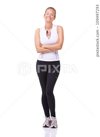 Portrait, woman and arms crossed for exercise, studio and happy with training wellness in gym clothes. Model, usa and smile face with commitment to health body, fitness and relax by white background Portrait, woman and arms crossed for exercise, studio and happy with training wellness in gym clothes. Model, usa and smile face with commitment to health body, fitness and relax by white background 109497293