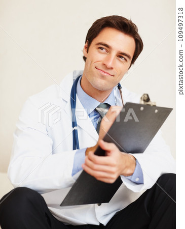 Clipboard, thinking doctor and happy man writing medical report plan, hospital information or medicine notes. Brainstorming cardiology ideas, checklist and expert planning clinic healthcare paperwork Clipboard, thinking doctor and happy man writing medical report plan, hospital information or medicine notes. Brainstorming cardiology ideas, checklist and expert planning clinic healthcare paperwork 109497318