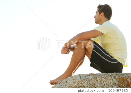 Man, thinking or rock and cliff in nature for travel, adventure or scenery with sunshine, vision and view. Person, mountain or sky for holiday, vacation or experience outdoor and freedom or barefoot Man, thinking or rock and cliff in nature for travel, adventure or scenery with sunshine, vision and view. Person, mountain or sky for holiday, vacation or experience outdoor and freedom or barefoot 109497385