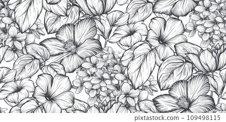 Beautiful hand drawn vector seamless pattern with black and white garden flowers, clematis, hydrangea, begonia 109498115