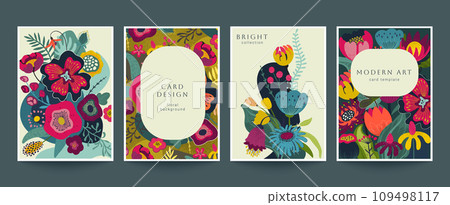 Set of four vector pre-made cards in modern style with nature motifs, flowers and leaves. Templates for your design. 109498117