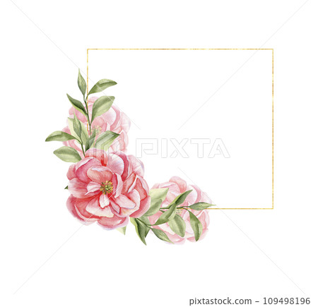 Pink peony hand drawn watercolor illustration. Square frame with floral elements of pale pink peony ,green leaves in square golden frame for invitation,card, wedding design, card template 109498196